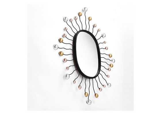 Oval Shaped Mirror Wall Decor Black Metal Frame Dotted With Gold And Silver Color